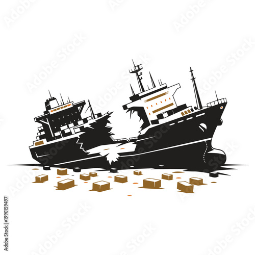 Foto Vintage shipwreck stranded at sea, detailed nautical vector illustration isolated on white background