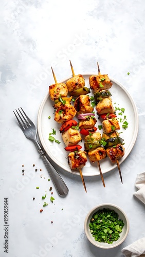 A plate of grilled chicken skewers with vegetables on a marble surface