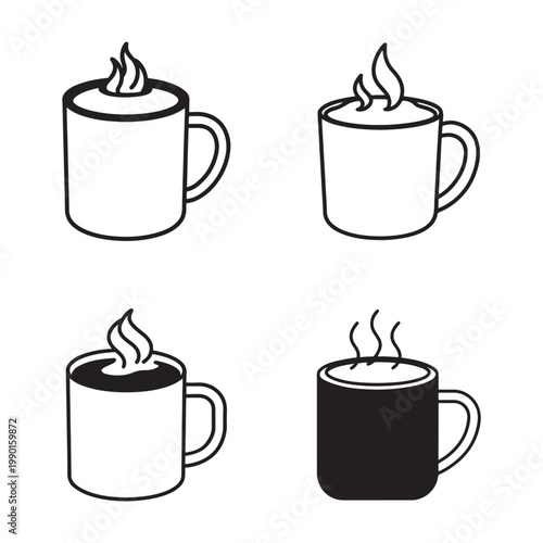Set of four coffee cups with steam rising from the top in different colors and styles  simple line drawings of mugs with handles