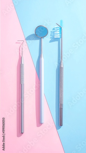 Dental tools on pink and blue background
