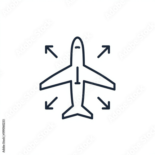 Airplane and four arrows icon flat. simple vector illustration with editable stroke.