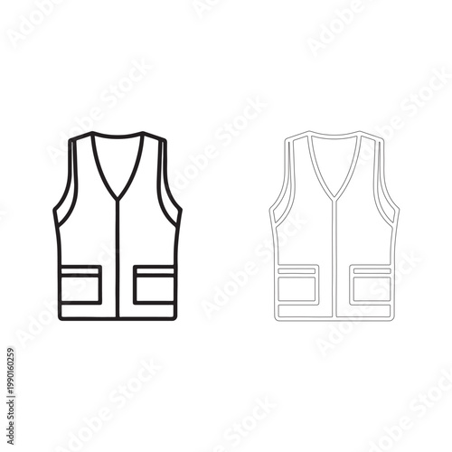 Two sleeveless vests with pockets in black and white line art on white background