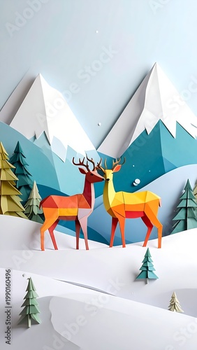 A winter scene with two deer in a snowy landscape