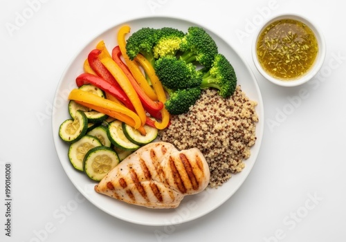 Assorted fresh vegetables and healthy ingredients on a plate with a dip