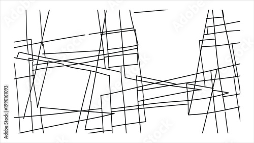 Abstract black lines forming geometric shapes and patterns on white background.