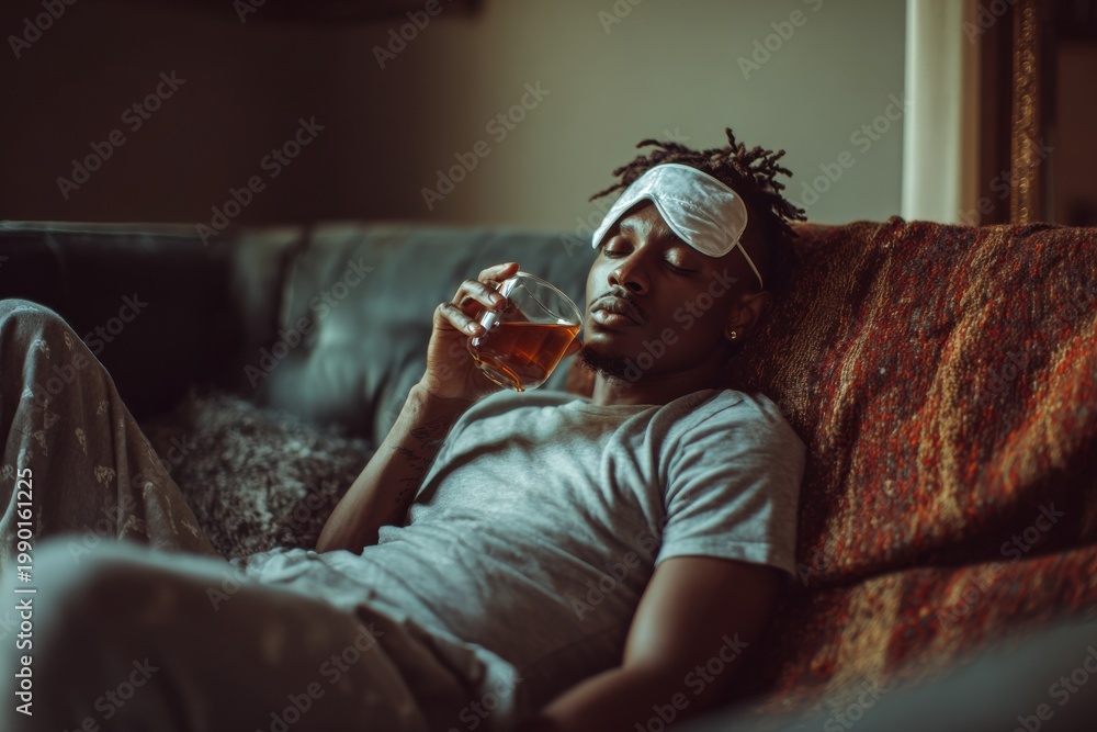 Fototapeta premium black man resting on couch holding tea cup in low warm light, wearing sleep mask and casual home clothes, relaxed evening setting, therapeutic laziness, lifestyle wellness comfort