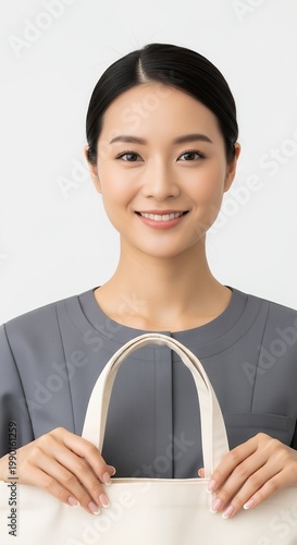 Smiling Asian Woman Holding a Reusable Canvas Bag, Promoting Sustainable Shopping and Eco-Friendly Lifestyle Choices.