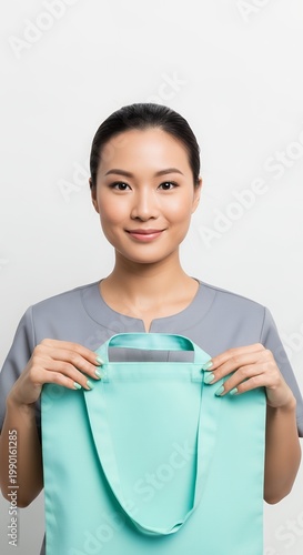 Smiling Asian Woman Holding a Reusable Teal Tote Bag.