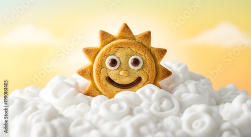 Smiling sun cookie on fluffy white clouds with yellow background 