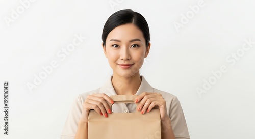 Smiling asian woman holding paper bag against white background