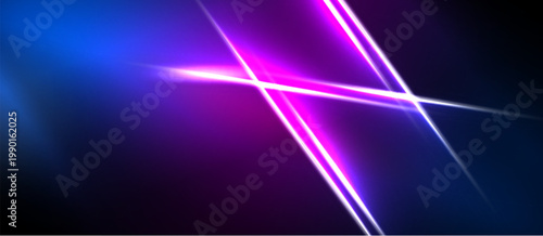 Abstract neon lines intersect dark background. Vivid blue, purple hues create dynamic visual effect. Brightness contrasts sharply with shadows.