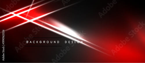 Dark background features bright red, white light streaks. Modern design with dynamic energy, sleek lines, abstract composition.