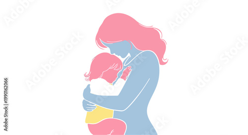 A loving mother gently embraces her child in this heartwarming illustration, beautifully symbolizing the unconditional love, care, and precious bond, perfect for Mother's Day
