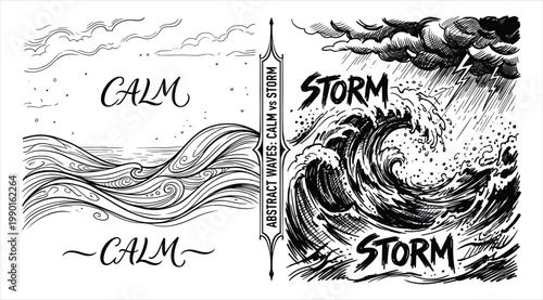 Abstract waves calm versus storm black and white illustration concept.