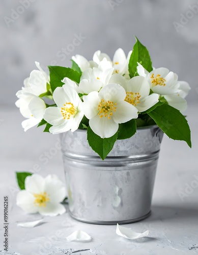 A small metal bucket filled with white flowers and green leaves