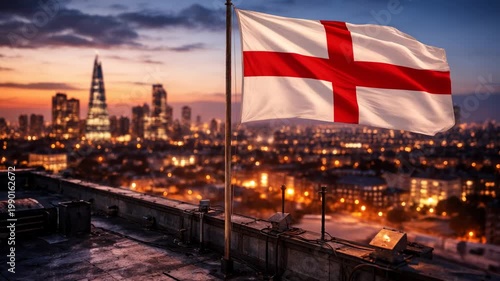 National flag motion blur wind waving over city skyline dusk sunset