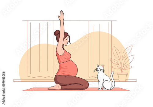 Pregnant Woman Practicing Yoga at Home with Her Cat - Prenatal Fitness and Wellness Illustration