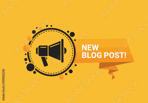 New Blog Post Announcement Banner with Megaphone Icon on Vibrant Yellow Background