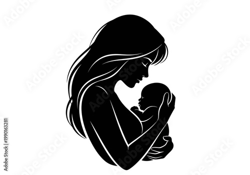 Silhouette of Mother Holding Newborn Baby Minimalist Vector Illustration of Maternity Parenting and Love