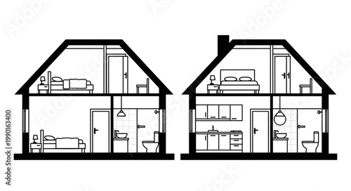 Cross section of two modern houses showing interior design and rooms.