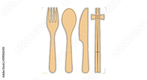Eco-friendly wooden cutlery set: fork, spoon, knife, and chopsticks on white background