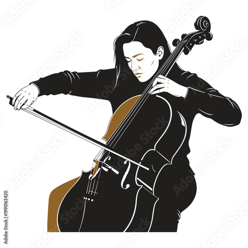 Silhouette of a woman playing the cello, representing classical music and performance in a black and white vector.