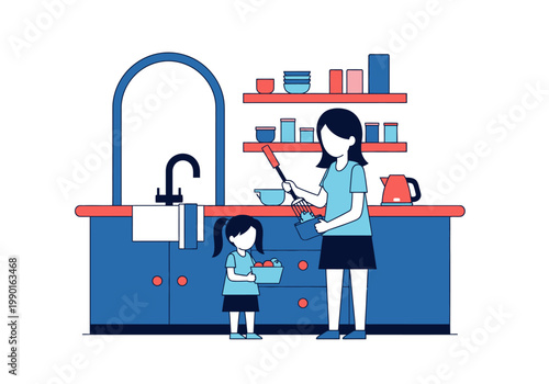 Mother and Daughter Cooking Together in Kitchen Flat Vector Illustration