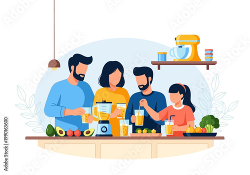 Happy Family Preparing Healthy Smoothies and Nutritious Meals Together in the Kitchen Illustration