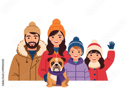 Happy Family and Pet Dog in Winter Clothes Vector Illustration: Parents, Children, and Bulldog in Warm Outfits Isolated on White Background