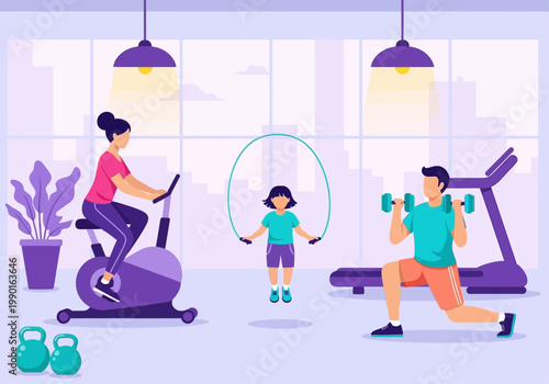 Family Exercising Together in Gym Flat Vector Illustration of Active Parents and Daughter Working Out at Home with Exercise Bike, Dumbbells, and Jump Rope for Healthy Lifestyle