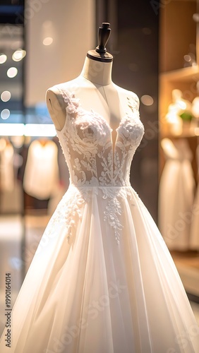 A white wedding dress on a mannequin in a store