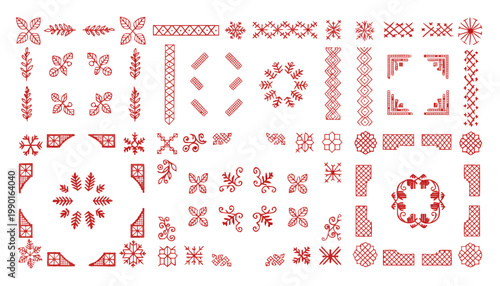 Red embroidery vector set designed as ornate frame elements and patterns