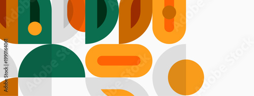 Abstract geometric shapes overlap, creating vibrant midcentury modern design. Colors include orange, green, gray, white. Composition feels playful, dynamic.