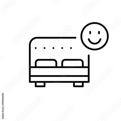 Double bed and smiley face. Positive hotel and rest experience. Pixel perfect, editable stroke vector icon