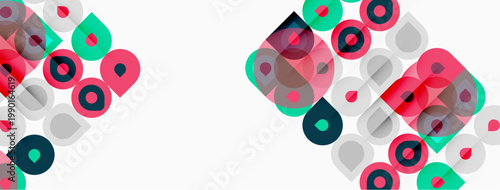 Abstract geometric pattern. Circles, squares, rectangles overlap creating vibrant visual texture. Minimalist design with pink, teal, gray hues.