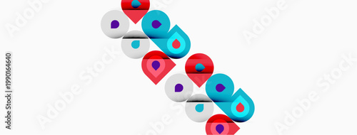 Colorful cylinders arranged diagonally. Shapes create dynamic visual pattern. Bright hues contrast against white background.