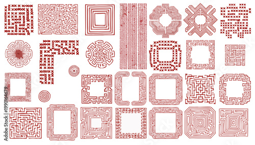 Red cross stitch embroidery vector collection with geometric patterns and borders