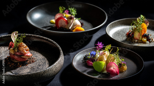 luxury Korean fine dining tasting course arranged on minimalist dark ceramic plates, high-end gastronomic presentation with micro-greens and edible flowers, cinematic lighting with soft shadows 