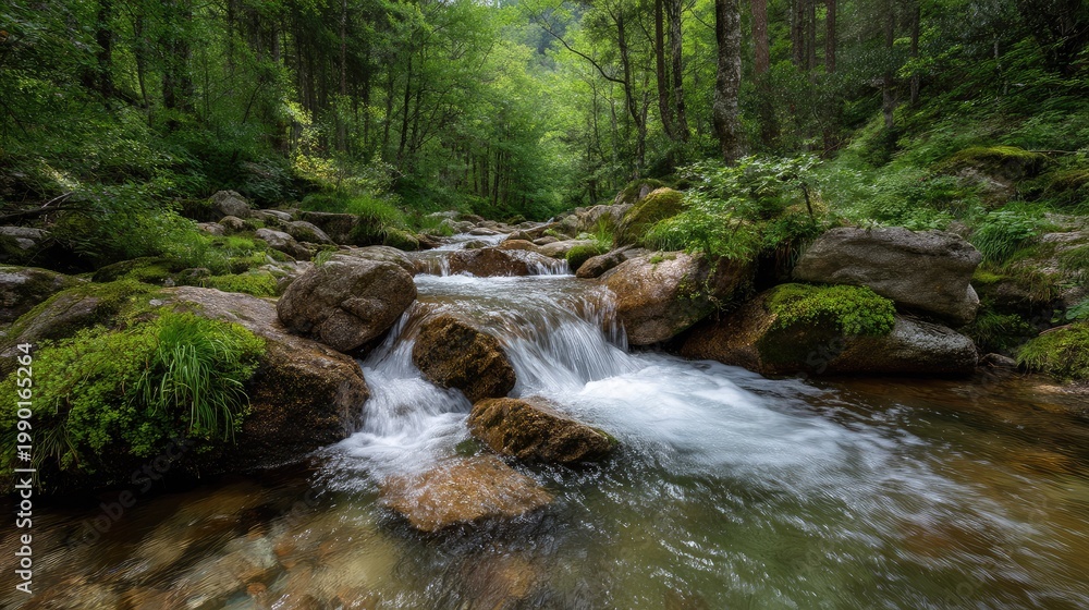 Fototapeta premium Serene Forest Stream Flowing Over Rocky Bed Surrounded by Lush Greenery and Sunlit Canopy in Tranquil Nature Scene