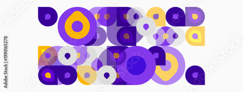 Abstract composition featuring overlapping circles, squares, rectangles. Purple, yellow hues dominate design. Modern, geometric aesthetic.