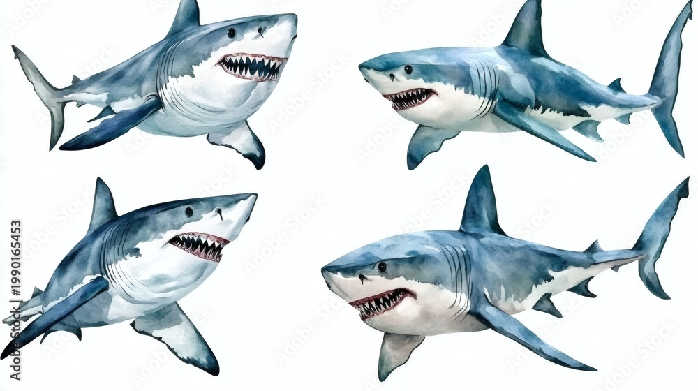 Fototapeta premium Watercolor illustrations of various great white sharks in dynamic poses on white background, playful and detailed marine artwork