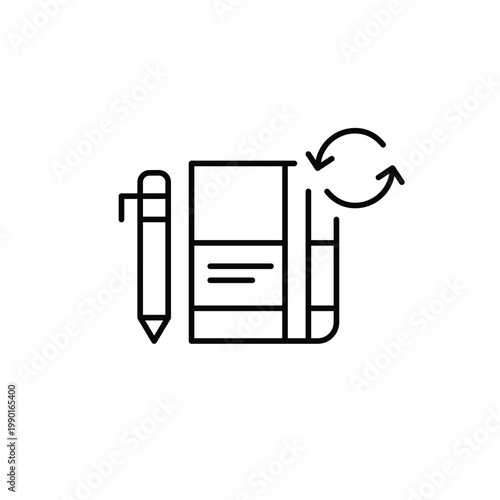 Daily planner notebook, pen and renew arrows. Schedule update, calendar refresh. Pixel perfect, editable stroke vector icon