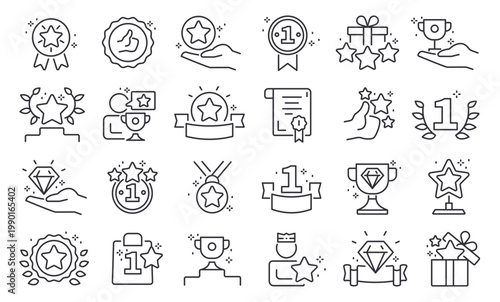 Reward line icons. Award and prize premium quality pictograms, outline bonus and benefit, reward loyalty program and gift voucher symbols. Vector editable stroke collection