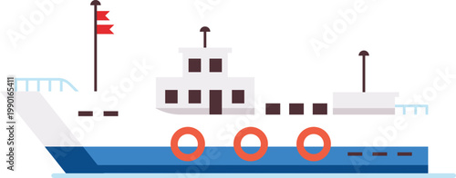 Fishing boat sailing across the sea, adorned with vibrant red flags and lifebuoys, showcasing a superstructure featuring large windows, all in a minimalist flat design style