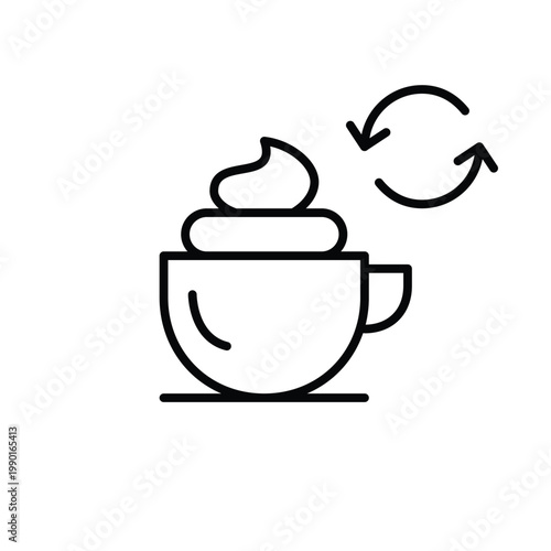Cappuccino cup with whipped cream and renew symbol. Beverage refill, menu update. Pixel perfect, editable stroke vector icon