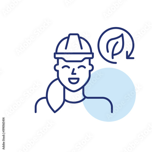 Woman wearing hard hat, leaf and renew arrow. Sustainable construction and labor. Pixel perfect, editable stroke vector icon