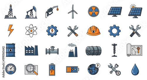 Energy Industry Icons: Oil, Gas, Wind, Solar, Nuclear, Factory, Blueprint