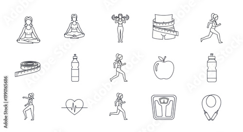 Fitness and Health Icons Set: Yoga, Running, Dumbbell, Apple, Water Bottle, Measuring Tape