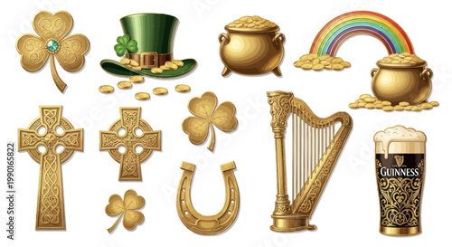 St. Patrick's Day Golden Symbols: Shamrock, Pot of Gold, Rainbow, Harp, Beer, Celtic Cross, Horseshoe