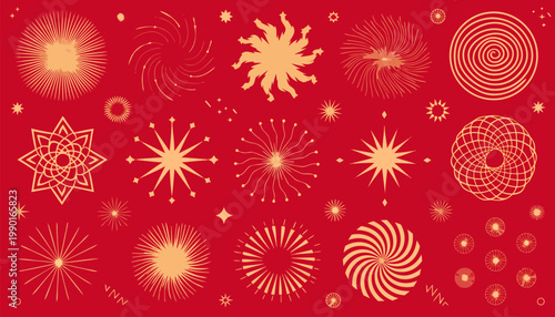Vibrant red celebration background with golden festive fireworks and decorative elements